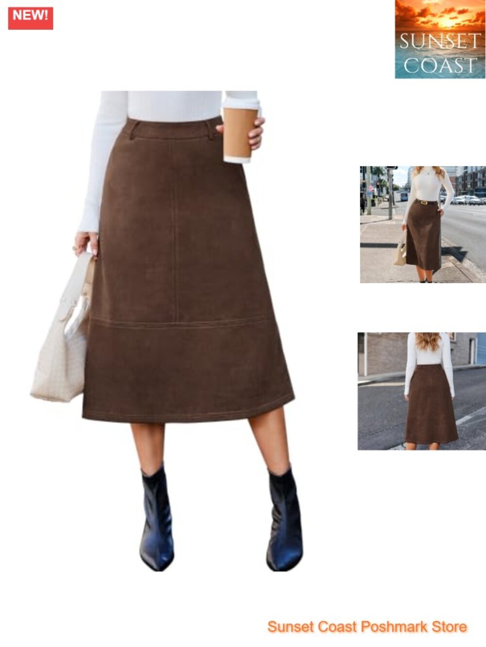 Faux Suede Midi Skirt A-Line High Waisted Pockets Work Fall